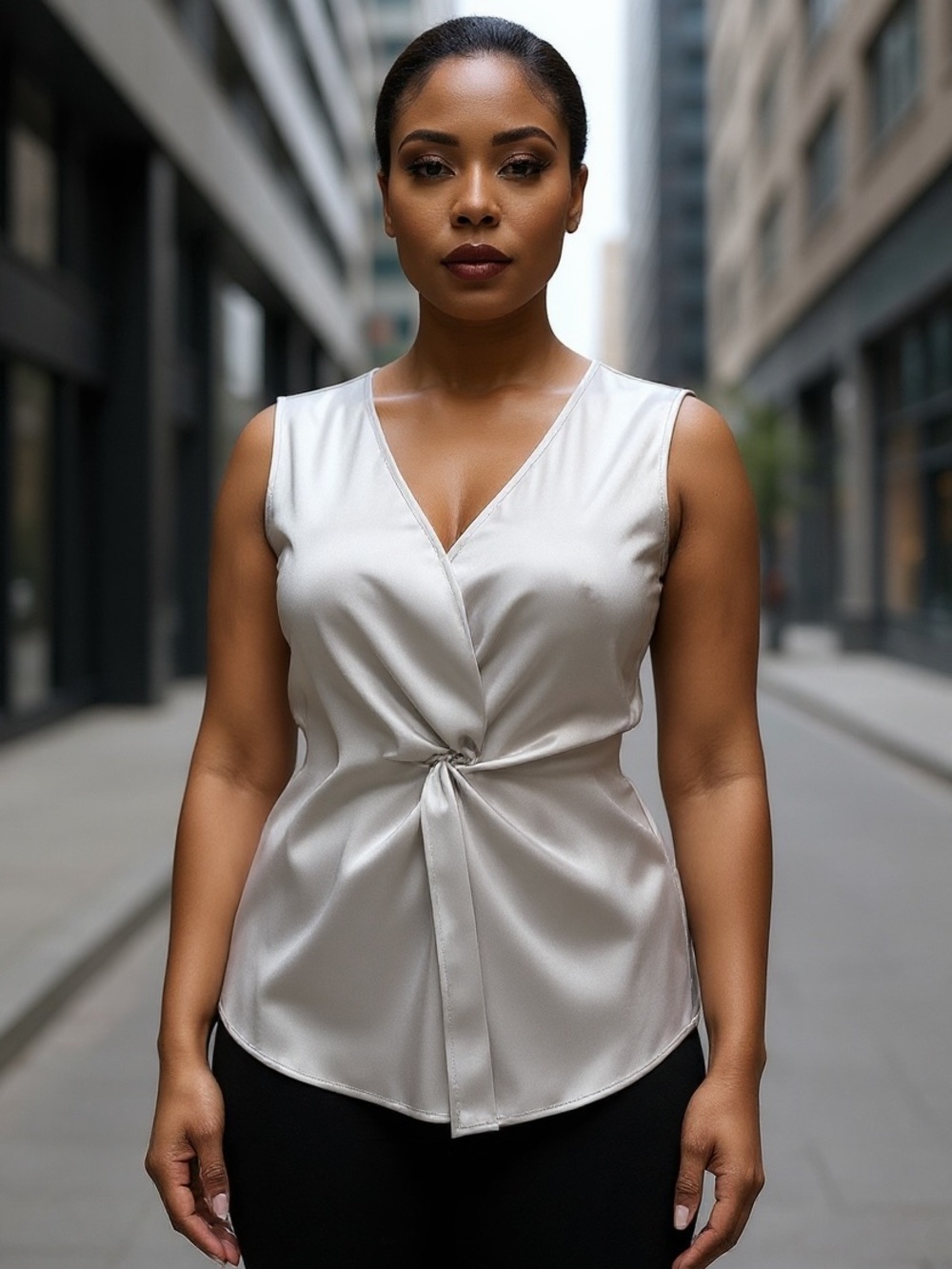Calvin Klein Silver Satin Twist Front V-Neck Sleeveless Top NWT Size XL